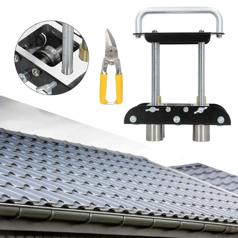 Three Station Aluminum Sheet Roller Bending Machine For Metal Roofing Pro Grade Tool With 0.3 To 1.0mm Thickness And 13 To 130mm Width For 0 To 90 Degree Bends For Pros And DIYers On Copper Steel And Aluminum, shown with metal roofing and snips.