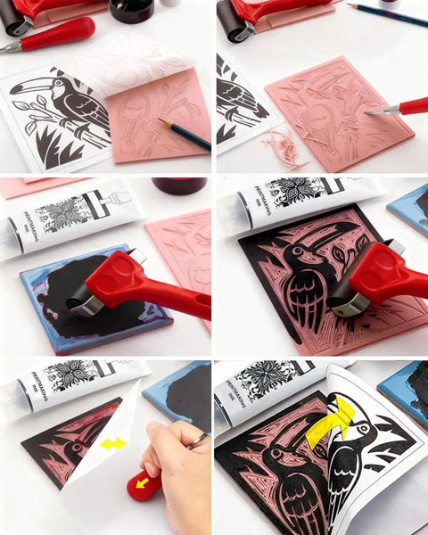 All In One Printmaking And Stamp Making Kit For Beginners With Linoleum Blocks Ink Brayer Transfer Papers Guide And 10 Printmaking Papers in use