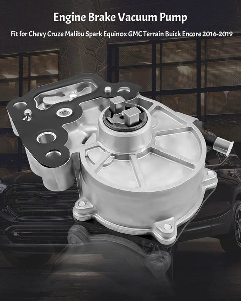 Brake vacuum pump for GM 1.4L-1.5L engines, silver aluminum housing with black mounting plate, Amazon brand