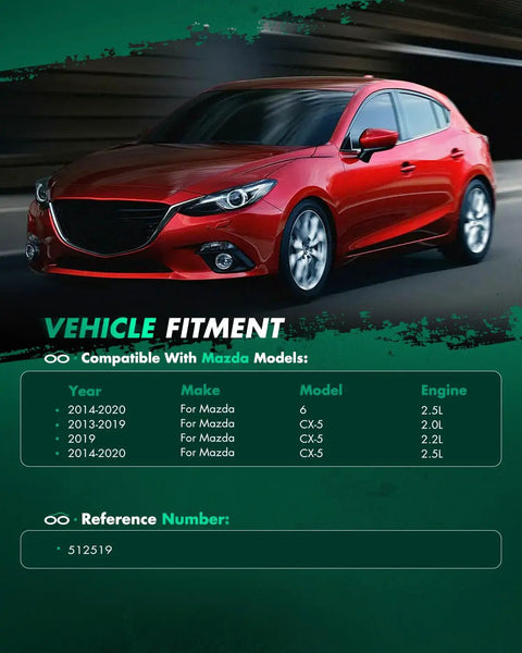 Red Mazda car, compatible models list, wheel hub compatibility for Two Pack Wheel Hub Bearing Assembly With ABS For Mazda 6 2014 2020 And Mazda CX 5 2013 2020 Left Rear And Right Wheel Positions Ready To Install Heavy Duty Upgrade 512519 VKBA7649 MB76301 WE61801 Compatible.