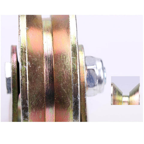 Close-up of Beefy Heavy Duty Sliding Gate Roller With Steel V Shaped Track Rail showing double bearings and V-groove design