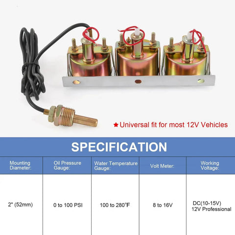 Back view of 2 Inch Triple Gauge Kit With Oil Pressure Gauge 0-100 PSI, Water Temperature Gauge 100-280F, Voltmeter 8-16V