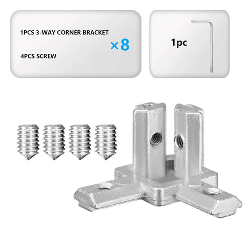 Eight Set Silver Tri Corner Bracket Kit With Three Way End Connectors And 32 M4 Screws Plus Hex Wrench For 2020 6mm Aluminum Extrusion