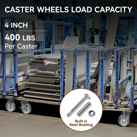 4 Inch Heavy Duty Cast Iron Caster Wheels set on loaded warehouse cart, showcasing 400 lbs per caster capacity for industrial use.