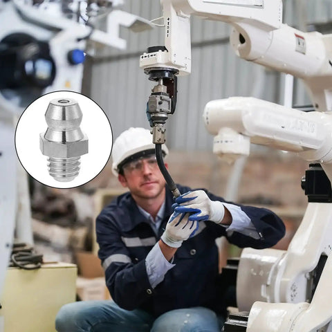 Six Pack Stainless Steel M6 X 1mm Straight Grease Fittings Zerk Nipples For Hydraulic Gear And Machinery, worker installing.