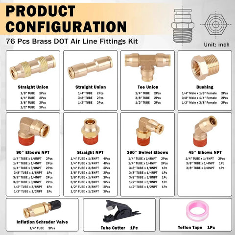 76 Piece Brass DOT Air Line Fittings Kit With Push To Connect And NPT Threads for Quick Connect Air Hose and Pneumatic Tubing
