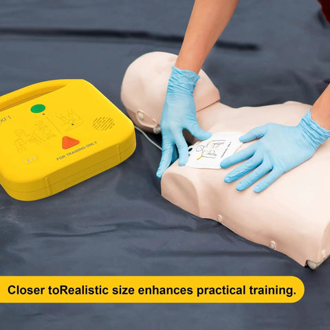 AED Trainer And Defibrillator Training Device With Multilingual Prompts In English Italian French Spanish Five Realistic Scenarios For Beginner First Aid Trainee Portable CPR Practice Kit With 100 110 120 BPM And Beep Optional shown with mannequin and pads