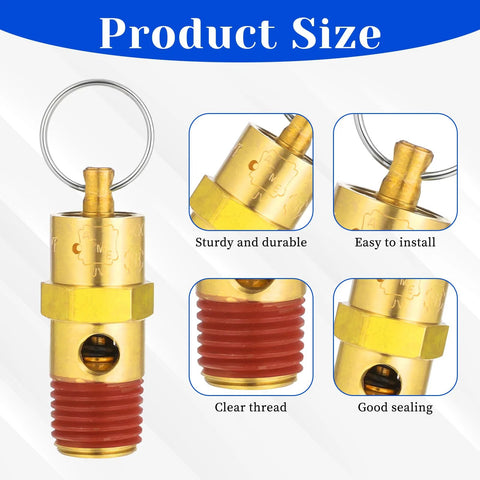 Brass 1/4 inch male air compressor pressure relief valve pair with red threaded ends and top ring.