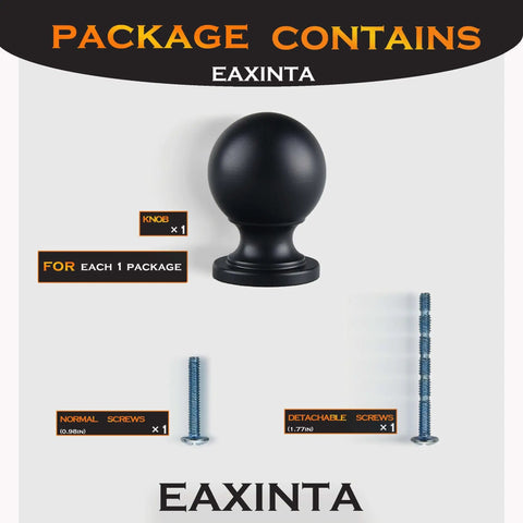 Package contents of 10 Pack Matte Black Cabinet Knobs For Kitchen Cabinets Round Ball Pulls With Single Hole Design Zinc Alloy Hardware A Must Have For Bathroom Drawers Dressers Cabinets And Other Home Upgrades, including knob and screws.