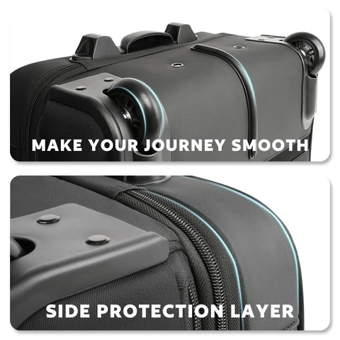 Close-up of the Arcoyard rolling laptop bag wheels and side protection, designed for women on the go, with smooth and quiet wheels.