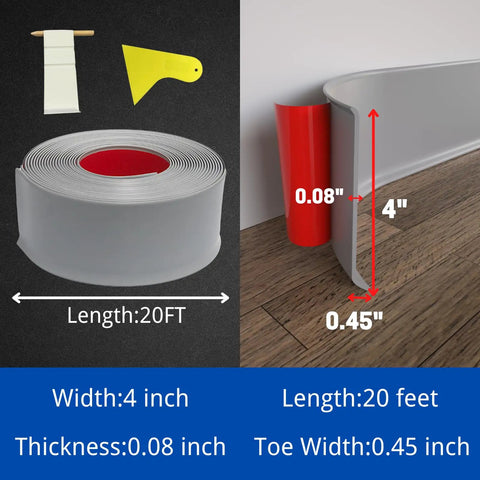 Flexible Baseboard Molding Trim 4 Inch By 20 Feet Self Adhesive Vinyl Wall Base Cove Base Peel And Stick Gray S100 displayed with dimensions and installation details.