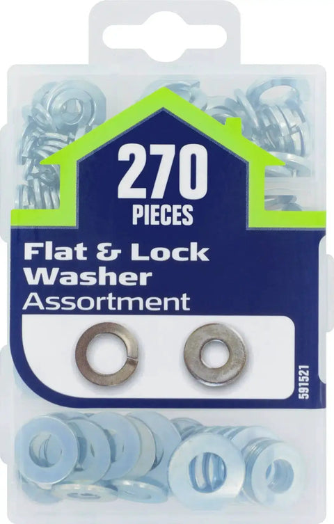 Flat And Lock Washer Set 270 Piece Zinc Plated Assortment In Reusable Plastic Organizer, front view with washers visible