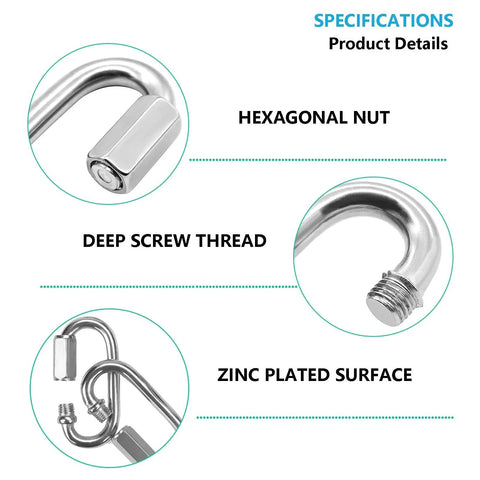 Close-up of 50 Pack One Quarter Inch Quick Links Chain Connectors, showing hexagonal nut, deep screw thread, zinc plated surface.
