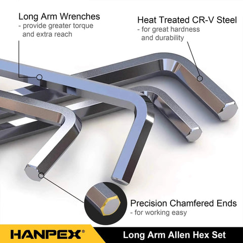 Long Arm Ball End Hex Key Set Hanpex 18 Piece With Metric And Imperial Allen Wrenches in Chrome Vanadium Steel CRV close-up