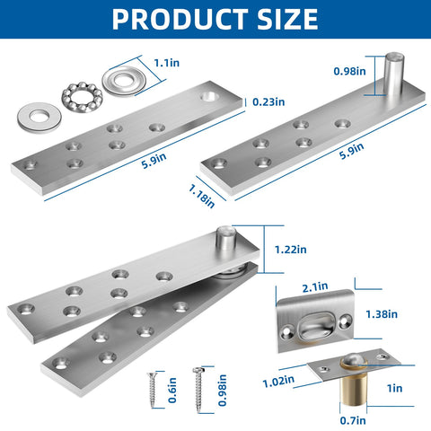 Hidden Door Pivot Hinges Stainless Steel Heavy Duty Hinge Kit, product size dimensions diagram, 360 degree shaft pivot