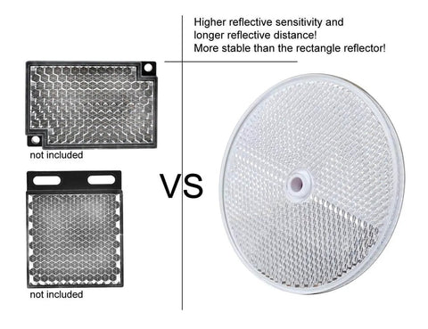 Image comparing round and rectangular reflectors for Invisible Retro Reflective Photoelectric Beam Sensor for Garage Doors and Gates.