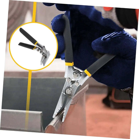 Pro Grade Manual Metal Bender Tool for Sheet Metal used on a steel seam with duckbill pliers, close-up of anti-slip grip