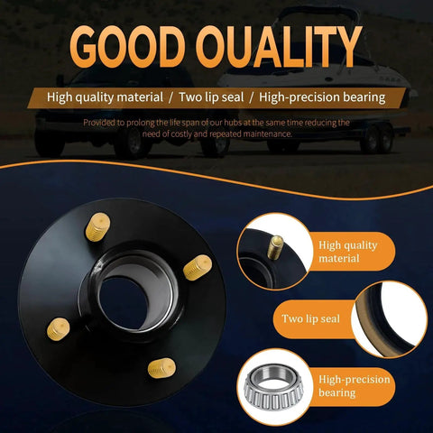Close-up view of the 2 Sets 4 Lug Trailer Hub Kit For 2000 Lb Capacity Fits 1 Inch And One Sixteenth Inch Spindles With L44643 And L44649 Bearings showing high-quality material and seals.