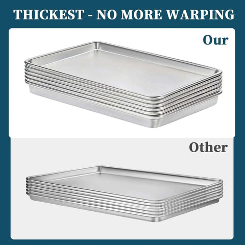 Comparison of heavy duty aluminum baking sheet pan set 26 by 18 inches 6 pack showing thick rims preventing warping.