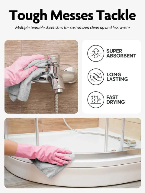 Person cleaning bathroom fixtures with Microfiber Cleaning Cloth Roll 60 Pack Tear Away Towels 12x12 Reusable Pink Grey