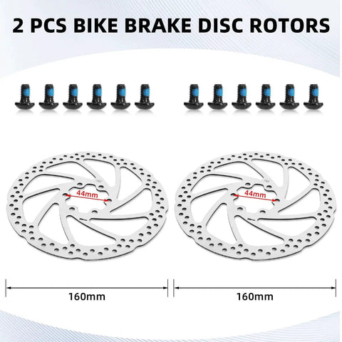 Front view: two 160mm bike brake rotors with 44mm center bore and drilled holes.