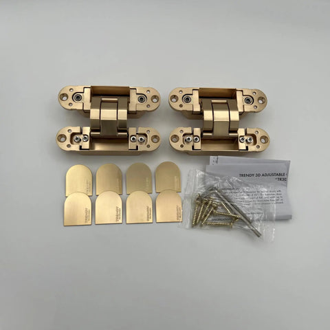 3D Adjustable Concealed Door Hinges Heavy Duty Satin Brass Gold Finish 2 Pack For Modern Interior Doors Premium Hardware displayed