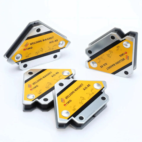 Six Pack 25 Lb Magnetic Welding Holder Set for Welder Magnets, yellow and silver multi-angle clamps on white background