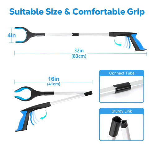 Extra Long 32 Inch Foldable Reacher Tool With 360 Degree Rotating Jaw For Easy Grab And Go Pickup Of Trash Small Objects And Pet Waste Heavy Duty Grabber For Seniors Recovery Rehab Daily Living Portable Backpack Friendly Blue shown disassembled