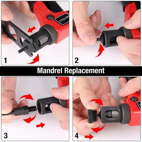 Step-by-step guide for replacing mandrels in Rivet Nut Tool Kit Right Angle 8 Inch Built For Tight Spaces with Step Drill Bit and 80 Nutsets