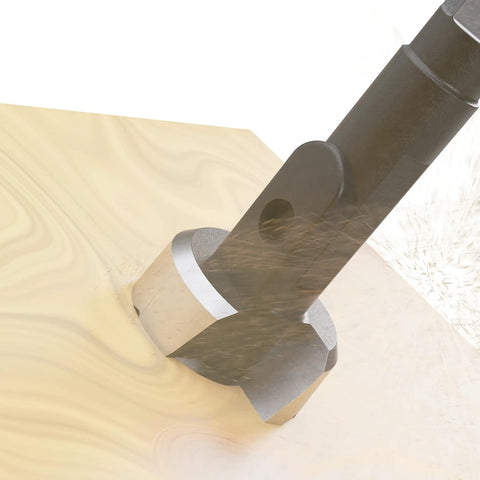 Pro Grade Self-Feed Drill Bit For Woodworking, 1-3/8 Inch, cutting into wood, showing single-cutter design and feed screw