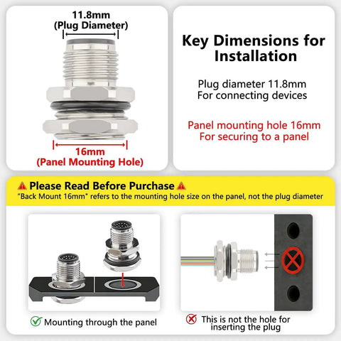 Dimensions and installation guide for M12 12 Pin A Code Male Aviation Connector Cable 0.2M Back Mount Unshielded Straight IP67