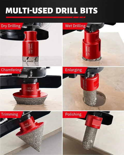 Diamond Hole Saw Kit For Tile And Stone, 15 Piece Vacuum Brazed Core Drill Bit Set used for dry drilling, wet drilling, chamfering, enlarging, trimming, polishing