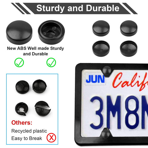 Close-up of Black Anti Theft License Plate Screw Kit with caps, stainless steel construction on mounted license plate frame