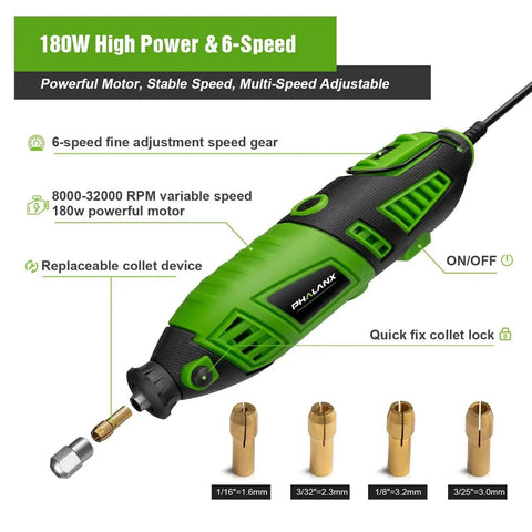Powerful 180W Rotary Tool Kit With Flex Shaft Six Variable Speeds From 8000 To 32000 RPM 139 Piece Accessories Set Ideal For Crafting Projects And DIY Creations, showing rotary tool with collet sizes display.