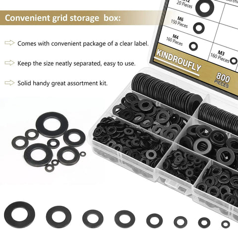 Heavy Duty Black Zinc Plated Steel Flat Washers Set with Fender Washers and Lock Washers 800 Pieces in Seven Sizes M3 M4 M5 M6 M8 M10 M12 Kindroufly Assortment Kit, shown in grid storage box on white background.