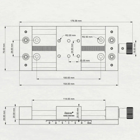 Diagram of Workhorse 75mm Manual Linear Stage With Sliding Table And Rail Guide, Aluminum Alloy Frame, Anti Backlash Nut, dimensions included.