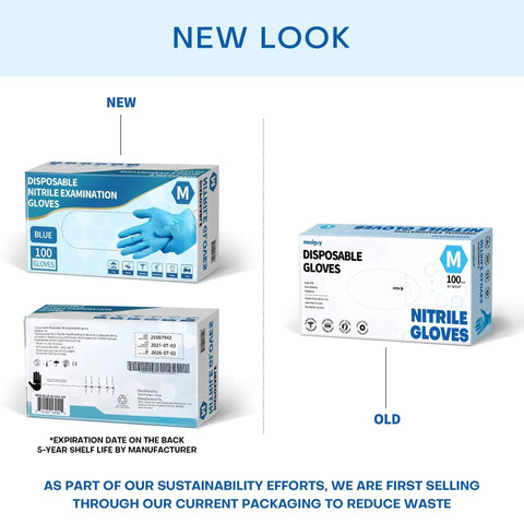 Comparison of new and old packaging for Powder Free Nitrile Exam Gloves 4.5 Mil Latex Free Blue 100 Medium Disposable.