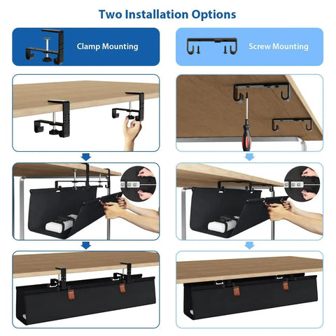Installation options for No Drill Under Desk Cable Management Tray 30 Inch Cord Organizer with clamp or screw mount system.