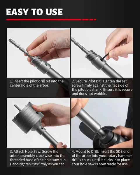 Step-by-step assembly of Heavy Duty Concrete Hole Saw Kit With SDS Plus Shank Adapter for Deep Drilling.
