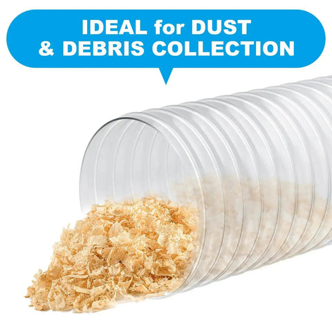 Heavy Duty 4 Inch PVC Dust Collection Hose, 50 Feet Long, Flexible Clear Debris And Fume Collector With sawdust visible inside.