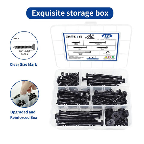Pro Grade Stainless Steel Lag Screws Set With Black Oxide Finish Includes One Inch One And A Half Inch Two Inch Two And A Half Inch And Three Inch Lag Bolts In A 155 Piece Assortment With Washers Heavy Duty Wood Screws 304 in storage box