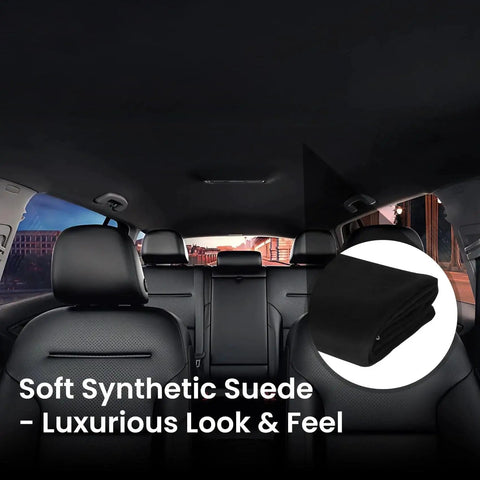 Car interior with Black Suede Headliner Fabric With Foam Backing 122x60 For Car Truck SUV RV, highlighting luxurious suede look.