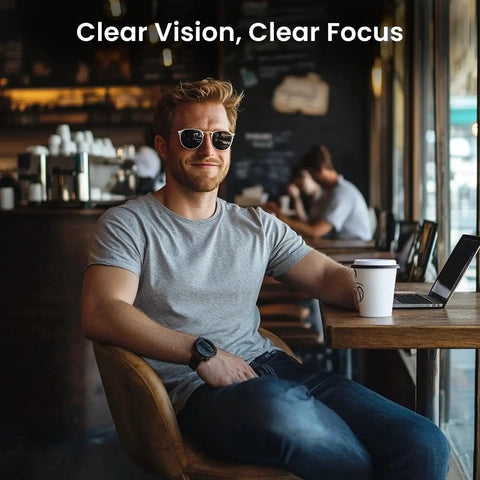 Man wearing sunglasses in a cafe, smiling, with text 'Clear Vision, Clear Focus', promoting Streak-Free Glasses Cleaner Spray Kit with 2 Bottles and 2 Microfiber Cloths