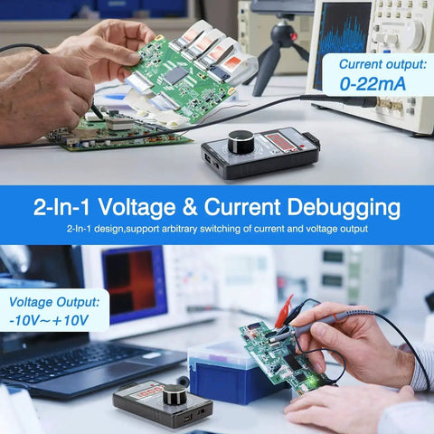 2-In-1 Voltage And Current Signal Generator For PLCs with adjustable display and encoder knob, shown in a panel testing setup