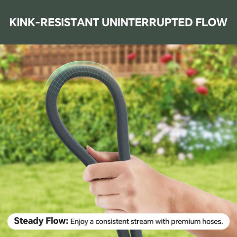 Garden hose 75ft non-expanding, black and gray, kink-resistant, Amazon brand for lawn & patio.