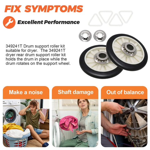 Drum rear support roller kit with two white plastic rollers and metal bearings, plus two washers.