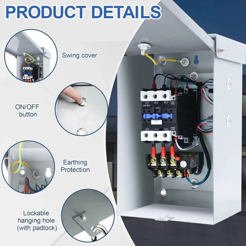 Built Tough 14 And A Half HP Three Phase Magnetic Motor Starter with 208-240V, NEMA 3R design, showing wiring and components.