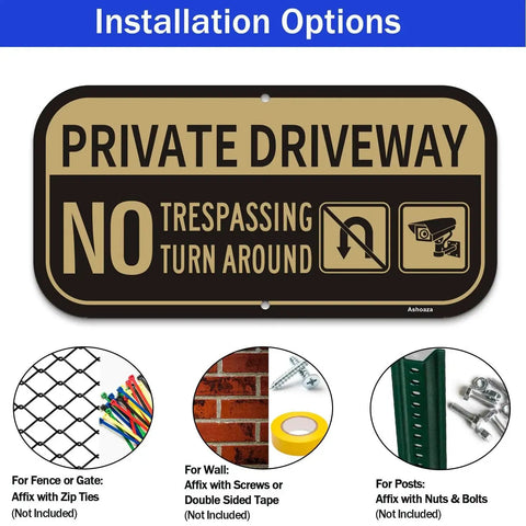 Private Driveway No Parking No Turn Around Sign Aluminum Reflective Weatherproof Outdoor 12x6 Inches Two Pack UV Protected Black And Gold Driveway Warning For Private Property with installation options shown for fence, wall, and post affixing.