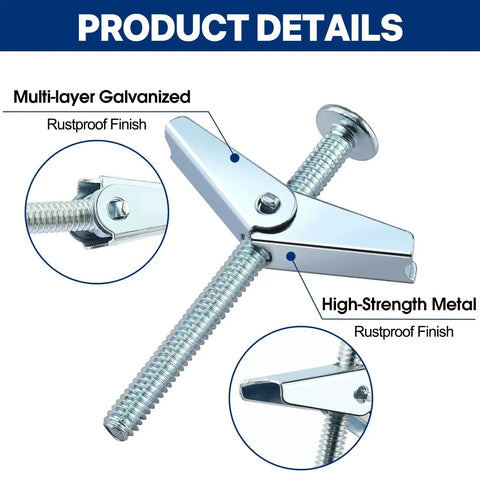 Close-up of 30 Sets Heavy Duty Toggle Bolts Kit For Drywall And Hollow Walls with rustproof carbon steel construction.