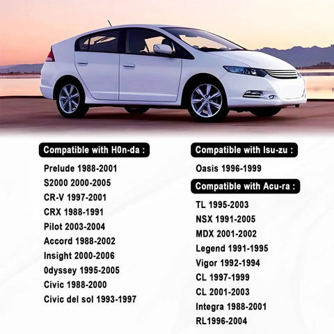 List of compatible car models for Engine Coolant Temperature Sensor Replacement For Honda Civic Del Sol CR V Pilot Insight Accord Odyssey And More Replaces 37870PJ7003 TX37 37870PK2015 37870PJ5003 with image of a white car.